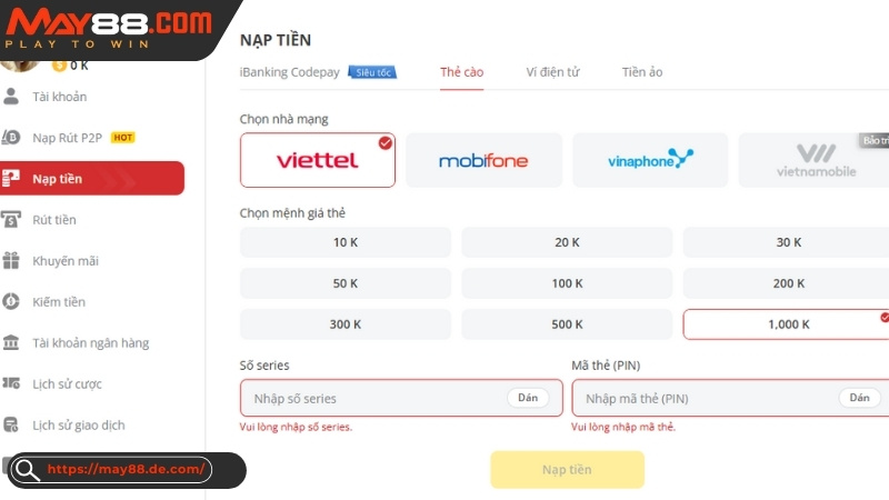 Cách nạp tiền May88 chi tiết cho tân binh Cách nạp tiền May88 chi tiết cho tân binh